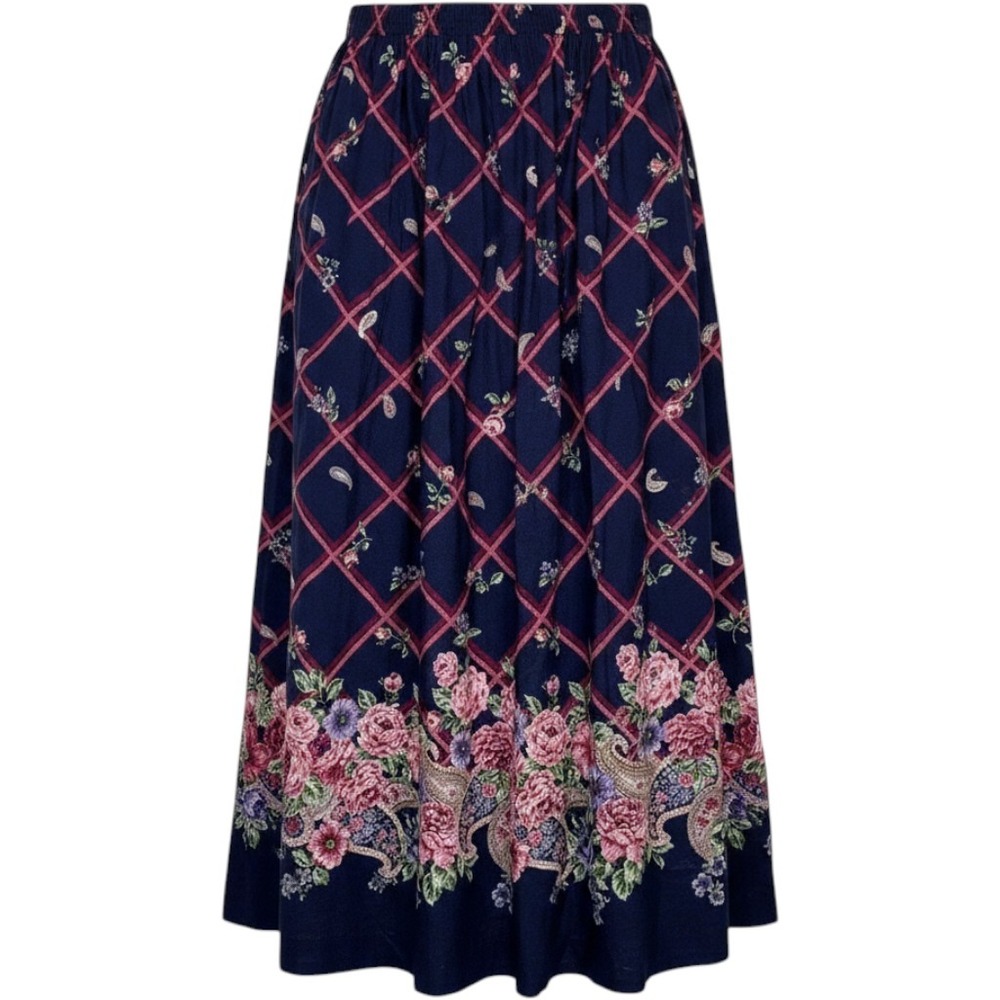 Vintage Jantzen Skirt Womens 14 Blue Plaid Floral Paisley Midi Cottagecore